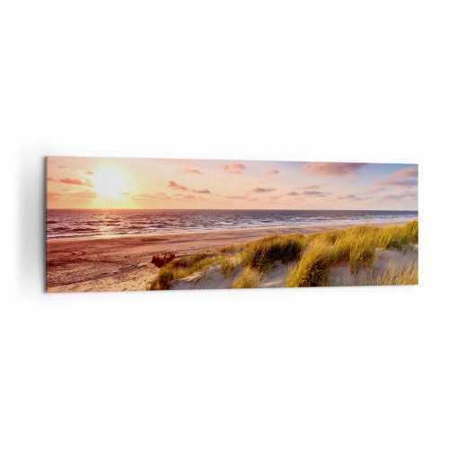Obraz na płótnie - Plaża z trawami i zachód słońca nad spokojnym morzem - 160x50cm - Już latem pachnie powietrze - Nowoczesna dekoracja ścienna do salonu i sypialni ARTTOR