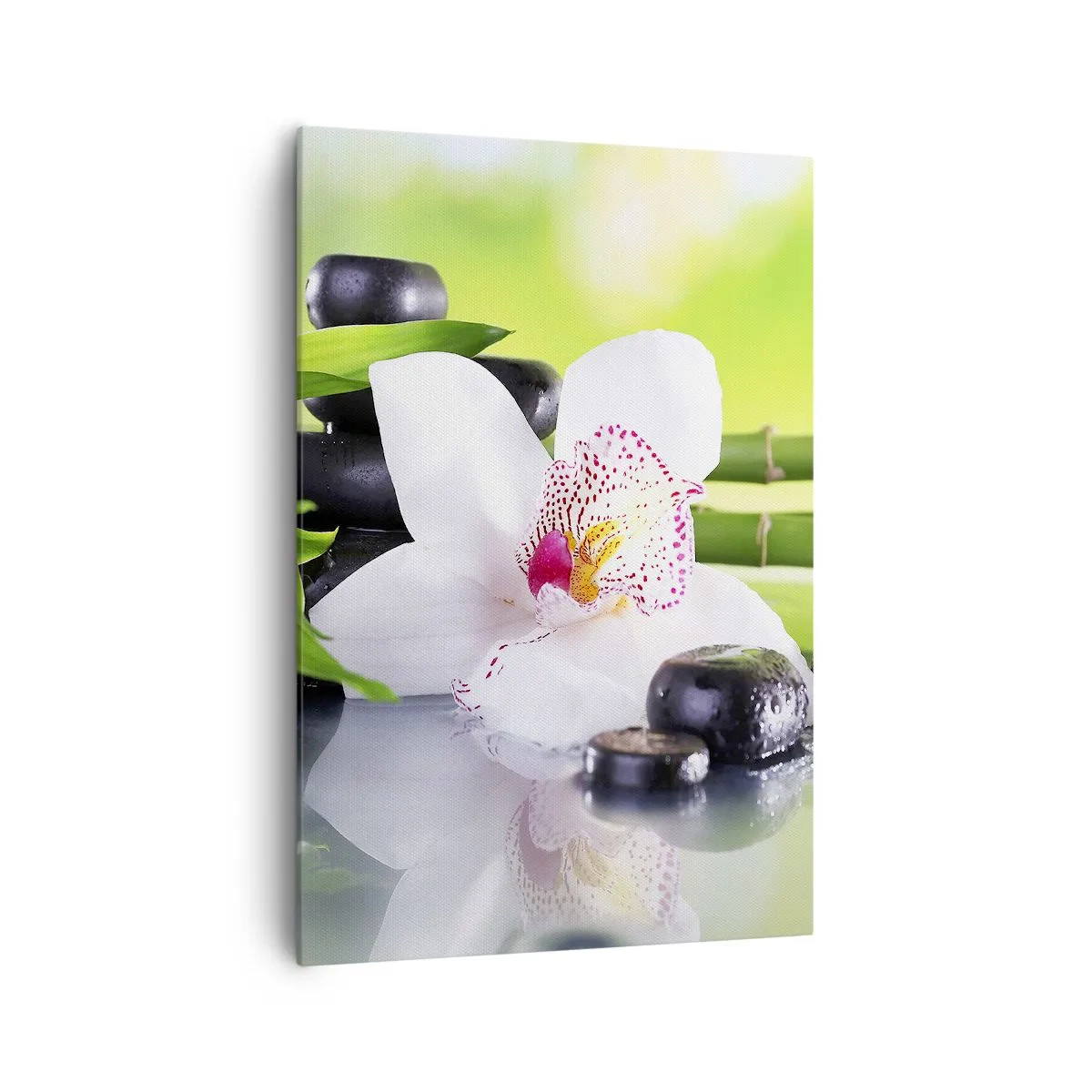 Obraz na płótnie - Orchidea, kamienie i bambus w harmonijnej kompozycji spa - 70x100cm - Chłodna świeżość - Nowoczesna dekoracja ścienna do salonu i sypialni ARTTOR