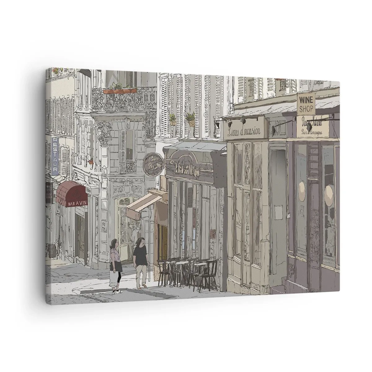 Obraz na płótnie - Ilustracja ulicy miejskiej z kawiarniami i sklepami - 70x50cm - Miejskie radości - Nowoczesna dekoracja ścienna do salonu i sypialni ARTTOR