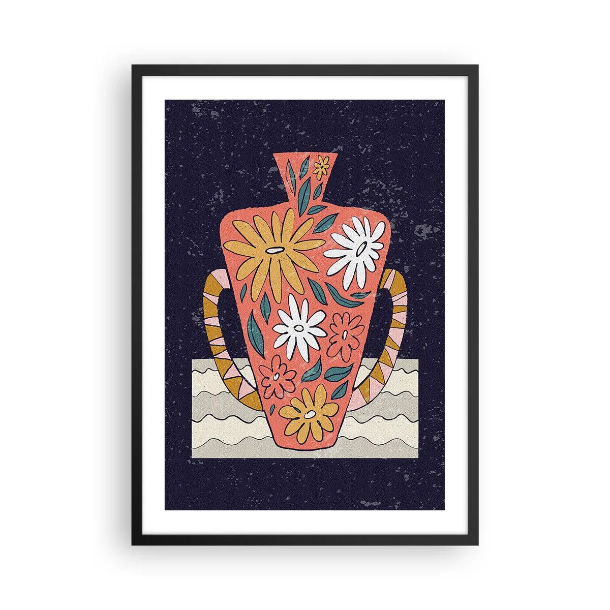 Plakat w czarnej ramie - Kolorowy wazon z kwiatowym wzorem na ciemnym tle - 50x70cm - Malowany dzban - Nowoczesna dekoracja ścienna do salonu i sypialni ARTTOR