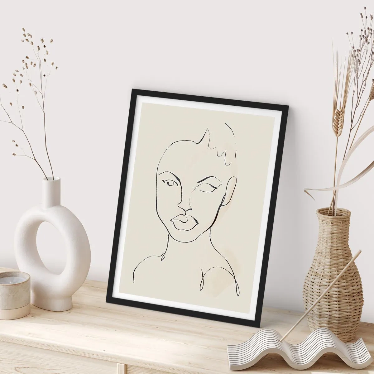Plakat w czarnej ramie - Abstrakcyjny portret twarzy w stylu line art - 50x70cm - Zarys zmysłowości - Nowoczesna dekoracja ścienna do salonu i sypialni ARTTOR