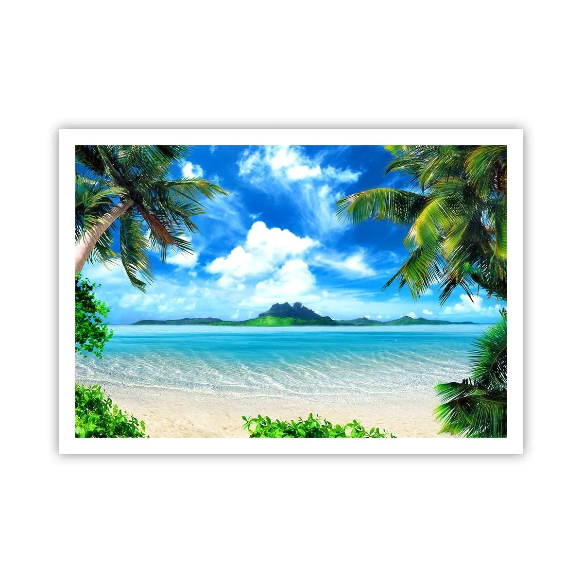 Plakat - Tropikalna plaża z palmami i widokiem na wyspę - 100x70cm - Lazur tropików - Nowoczesna dekoracja ścienna do salonu i sypialni ARTTOR