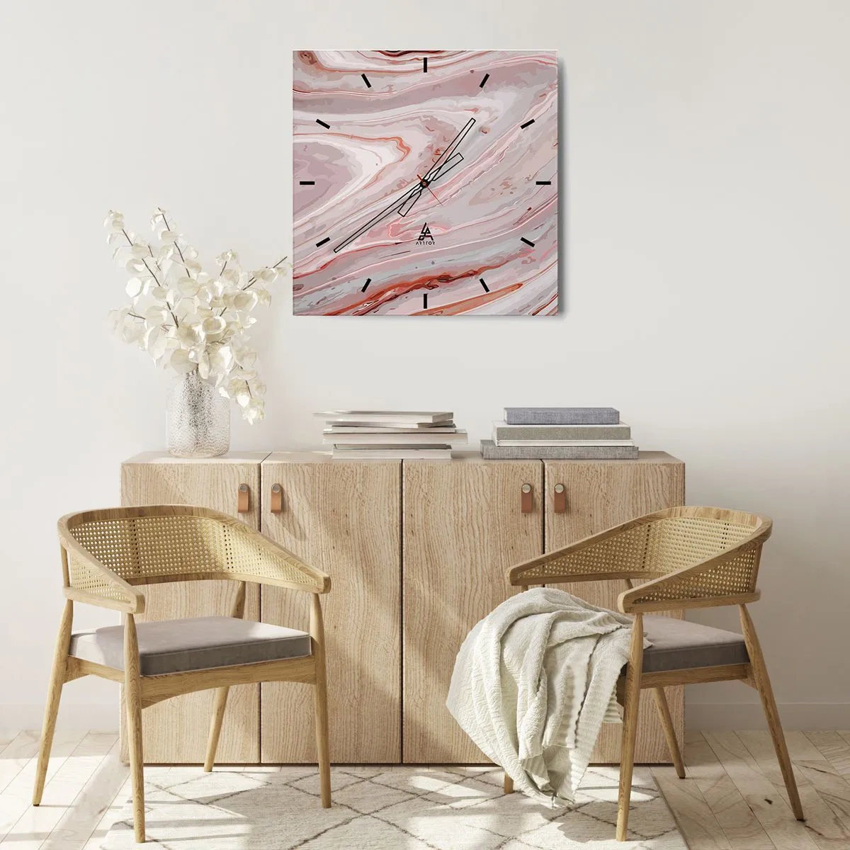 Zegar ścienny - Abstrakcyjne fale w delikatnych odcieniach różu i beżu - 30x30cm - Różowy w płynie - Nowoczesna dekoracja ścienna do salonu i sypialni ARTTOR
