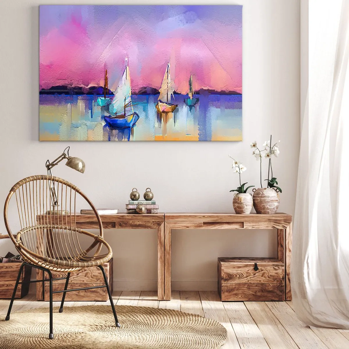 Obraz na płótnie - Żaglówki na spokojnym morzu w pastelowych kolorach zachodu - 70x50cm - Kierunek: szerokie wody - Nowoczesna dekoracja ścienna do salonu i sypialni ARTTOR