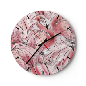 Zegar ścienny - Różowe flamingi w dynamicznej, artystycznej kompozycji - 30x30cm - Ptasi corps de ballet - Nowoczesna dekoracja ścienna do salonu, kuchni i sypialni ARTTOR
