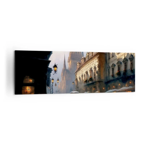 Obraz na płótnie - Wieczorna scena uliczna z zabytkową architekturą - 160x50cm - Czar praskiego wieczoru - Nowoczesna dekoracja ścienna do salonu i sypialni ARTTOR