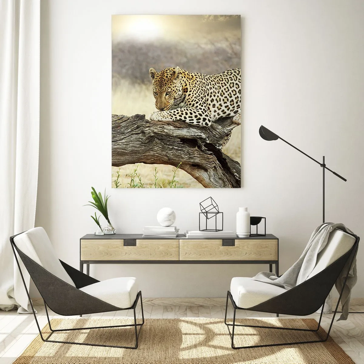 Obraz na szkle - Leopard odpoczywający na pniu wśród sawanny - 70x100cm - Chadzam własnymi drogami - Nowoczesna dekoracja ścienna do salonu i sypialni ARTTOR