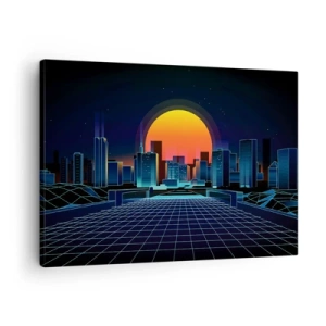 Obraz na płótnie - Futurystyczna panorama miasta w stylu neonowym - 70x50cm - Wciąż chcesz do realu? - Nowoczesna dekoracja ścienna do salonu i sypialni ARTTOR