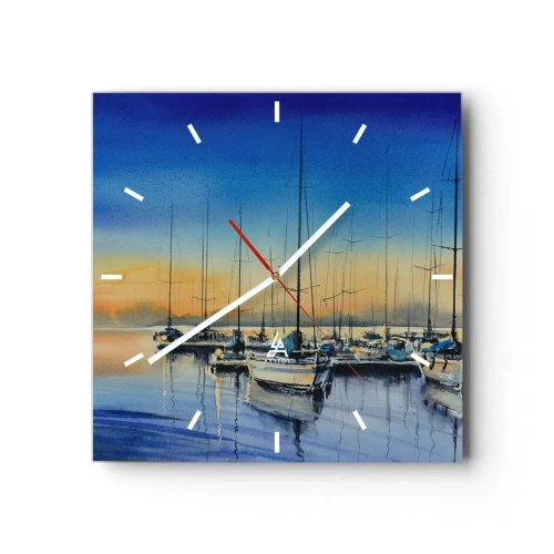 Zegar ścienny - Port jachtowy o zachodzie słońca z odbiciami na wodzie - 30x30cm - Koniec dobrego dnia - Nowoczesna dekoracja ścienna do salonu i sypialni ARTTOR