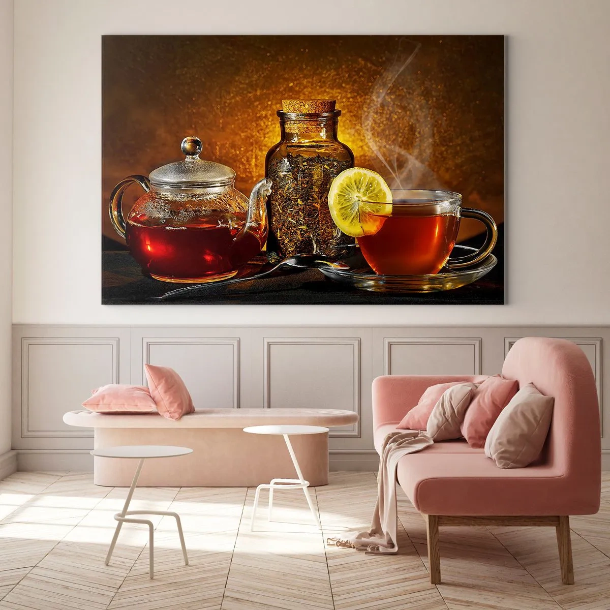 Obraz na szkle - Szklany imbryk i filiżanka herbaty z cytryną - 100x70cm - W stylu holenderskich mistrzów - Nowoczesna dekoracja ścienna do salonu, kuchni i sypialni ARTTOR