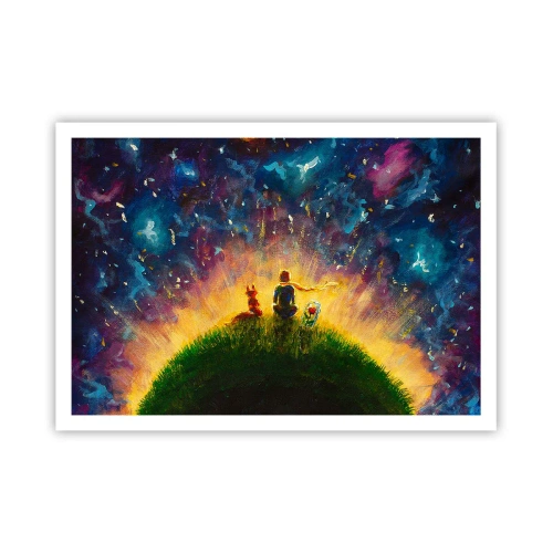 Plakat - Postacie na zielonym wzgórzu otoczone gwiaździstym niebem - 100x70cm - Miłość i przyjaźń - cały świat - Nowoczesna dekoracja ścienna do salonu i sypialni ARTTOR