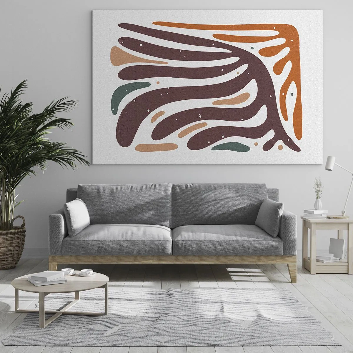 Obraz na szkle - Abstrakcyjne kształty w brązach i oranżach promieniście rozchodzące się na białym tle - 70x50cm - Kompozycja organiczna promienista - Nowoczesna dekoracja ścienna do salonu i sypialni ARTTOR