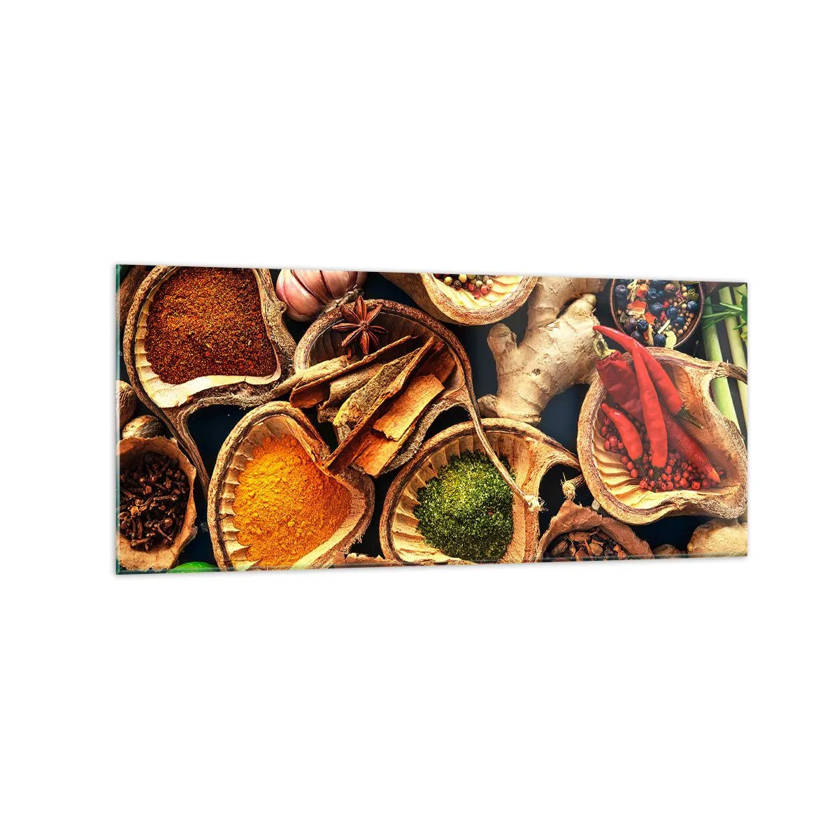 Obraz na szkle - Miseczki z przyprawami w różnych kolorach - 120x50cm - Bierz, co chcesz - Nowoczesna dekoracja ścienna do salonu i sypialni ARTTOR