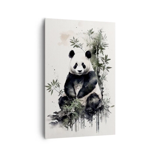 Obraz na płótnie - Urocza panda siedząca wśród bambusowych liści w akwarelowym stylu - 80x120cm - Pozdrowienia z Chin - Nowoczesna dekoracja ścienna do salonu i sypialni ARTTOR