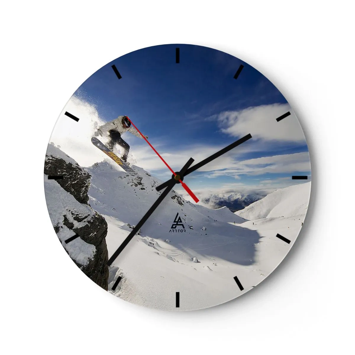 Zegar ścienny - Snowboardzista w akcji na tle gór - 30x30cm - Wolność bez granic - Nowoczesna dekoracja ścienna do salonu, kuchni i sypialni ARTTOR