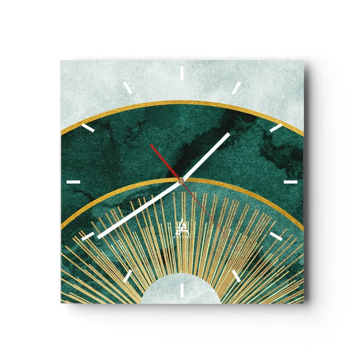 Zegar ścienny - Abstrakcyjny wzór z okręgami w szmaragdowym i złotym kolorze - 30x30cm - Inny układ słoneczny - Nowoczesna dekoracja ścienna do salonu i sypialni ARTTOR