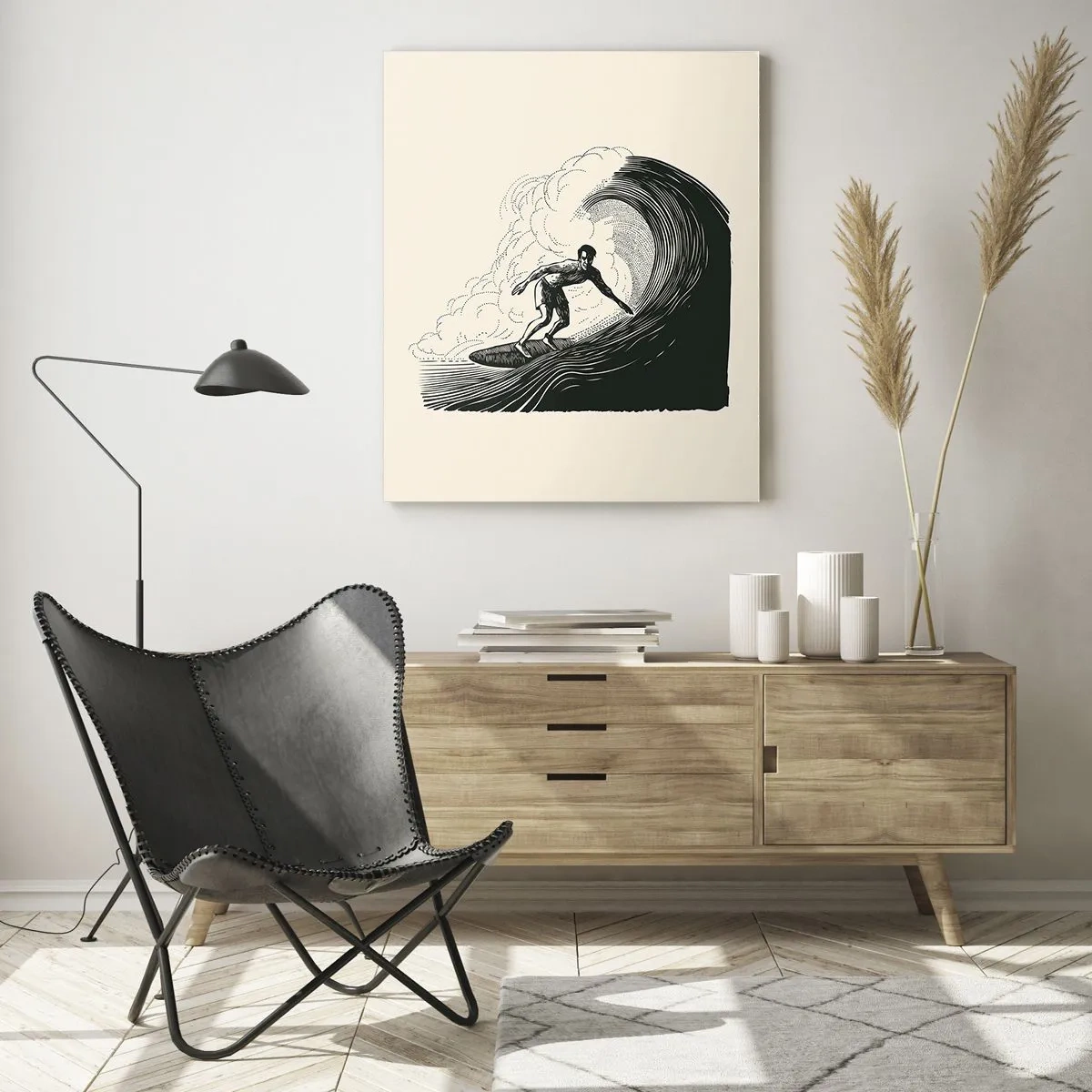 Obraz na szkle - Czarno-biała grafika surfera na fali - 70x100cm - Król fali - Nowoczesna dekoracja ścienna do salonu i sypialni ARTTOR