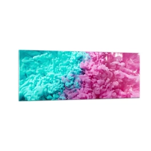 Obraz na szkle - Kolorowe fale turkusu i różu w abstrakcyjnej formie - 140x50cm - Decydujące starcie - Nowoczesna dekoracja ścienna do salonu i sypialni ARTTOR