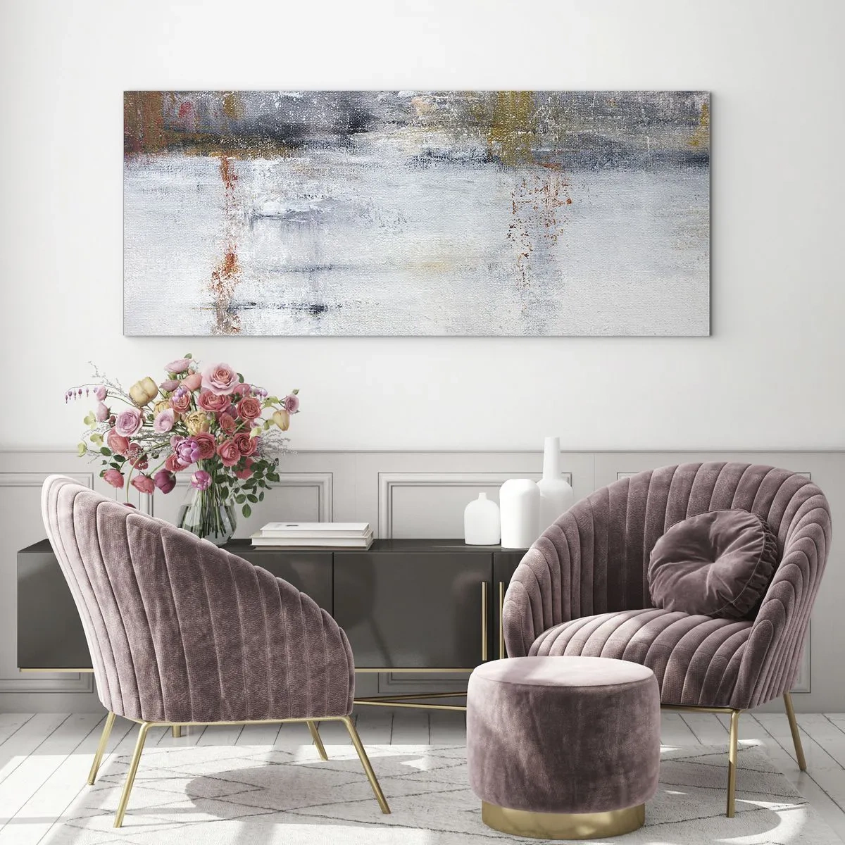 Obraz na szkle - Abstrakcyjny pejzaż z rozmytymi akcentami szarości i złota - 120x50cm - Za powietrza zasłoną - Nowoczesna dekoracja ścienna do salonu i sypialni ARTTOR