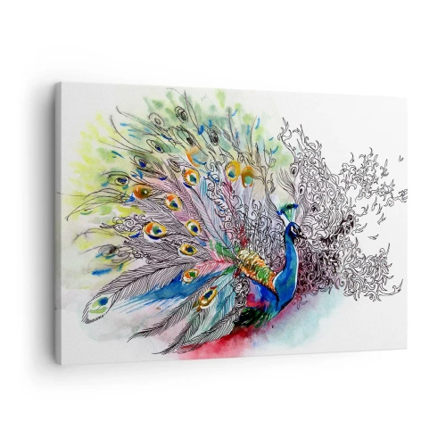 Obraz na płótnie - Paw w kolorowym akwarelowym stylu z abstrakcyjnymi piórami - 70x50cm - Z dumą przeciw szarości  - Nowoczesna dekoracja ścienna do salonu i sypialni ARTTOR