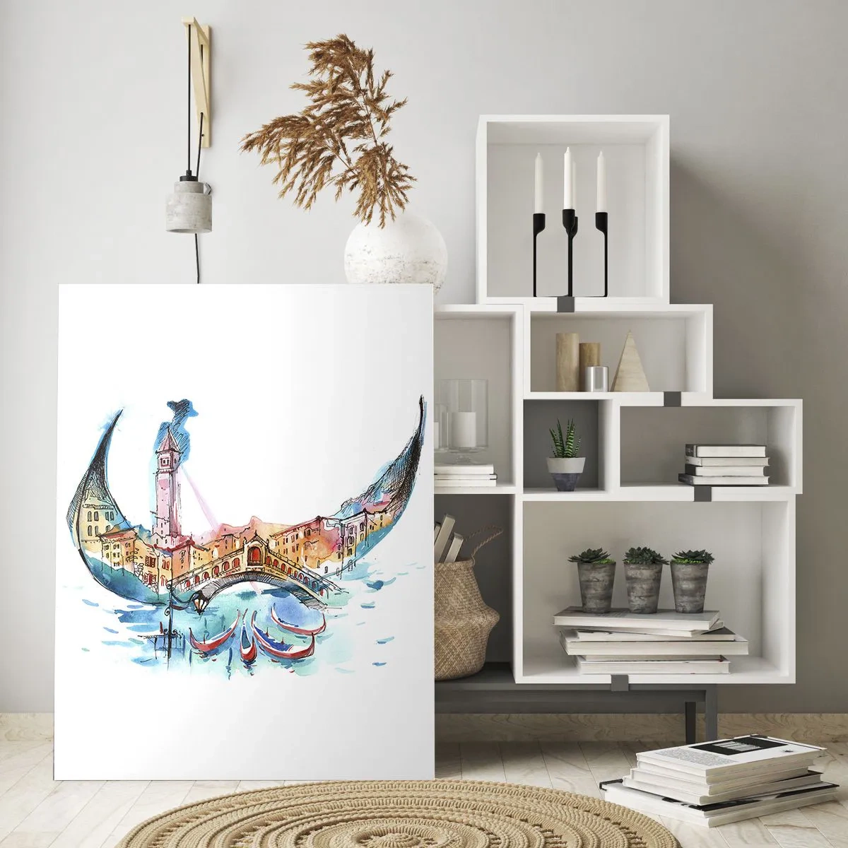 Obraz na szkle - Akwarelowa kompozycja Wenecji w kształcie gondoli - 80x120cm - Płyniemy przez miasto - Nowoczesna dekoracja ścienna do salonu i sypialni ARTTOR