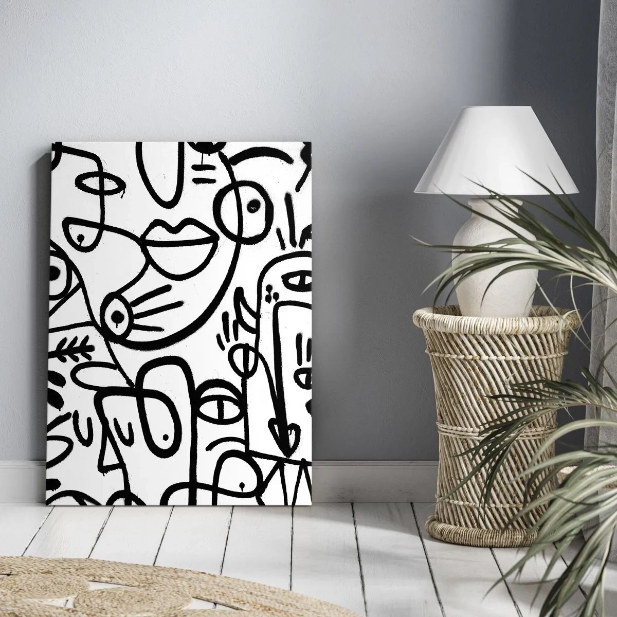Obraz na płótnie - Czarno-biała abstrakcja z geometrycznymi twarzami - 50x70cm - Twarze i miraże - Nowoczesna dekoracja ścienna do salonu, kuchni i sypialni ARTTOR