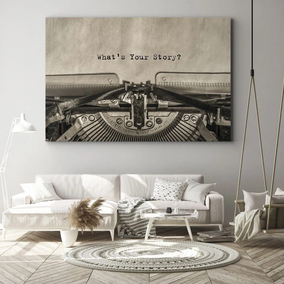 Obraz na płótnie - Maszyna do pisania z napisem What’s Your Story? - 70x50cm - Opowiedz mi - Nowoczesna dekoracja ścienna do salonu i sypialni ARTTOR