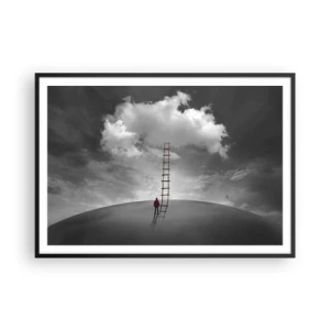 Plakat w czarnej ramie - Osoba w czerwonym płaszczu i drabina prowadząca do chmury - 100x70cm - Wszystko możliwe - Nowoczesna dekoracja ścienna do salonu i sypialni ARTTOR