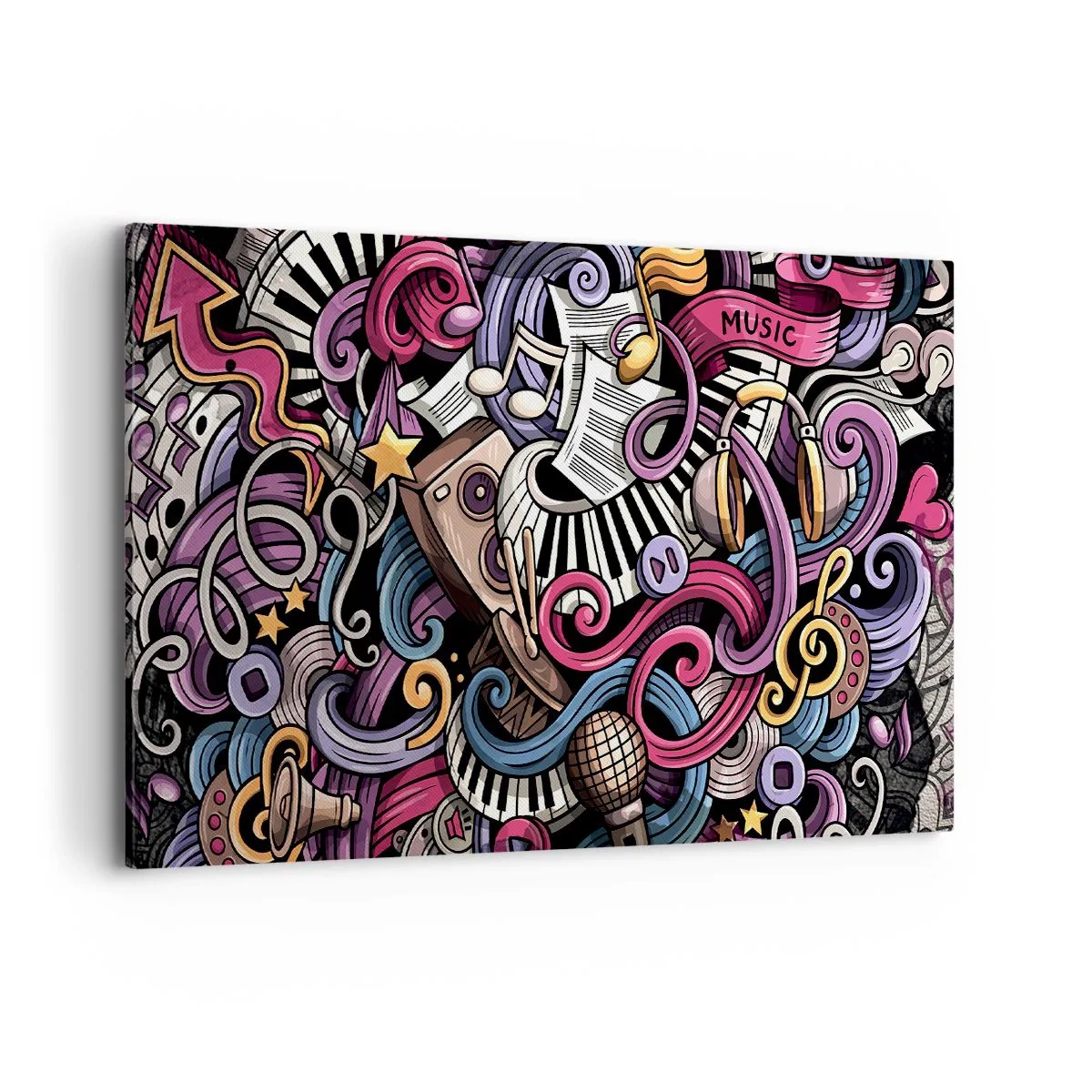 Obraz na płótnie - Muzyczna abstrakcja pełna kolorowych instrumentów i nut - 100x70cm - Skomplikowana melodia - Nowoczesna dekoracja ścienna do salonu, kuchni i sypialni ARTTOR