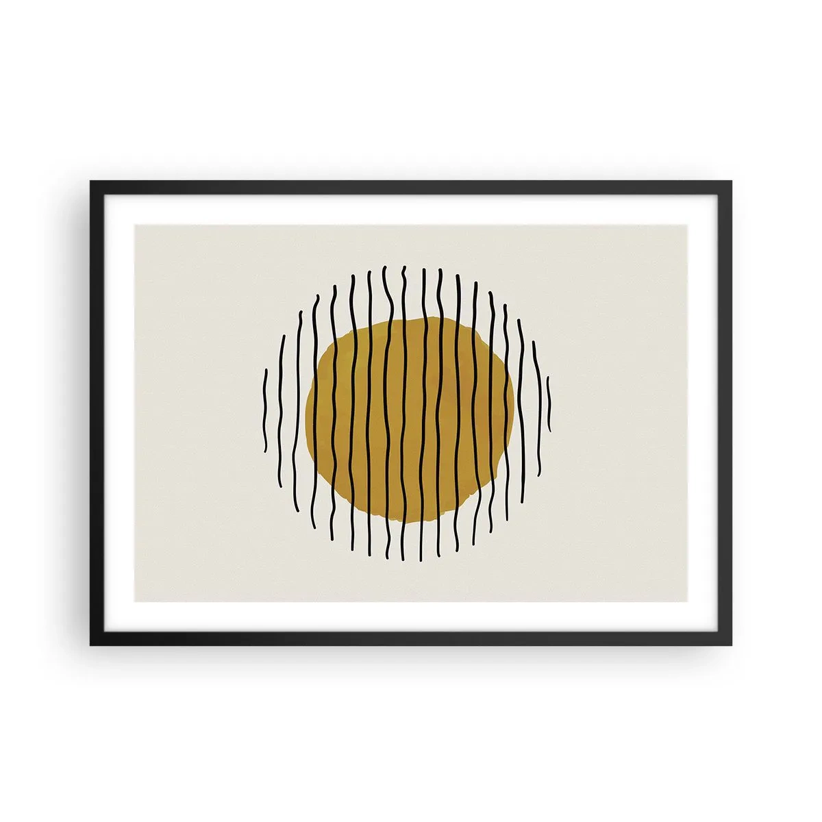 Plakat w czarnej ramie - Minimalistyczny motyw z żółtym kołem i czarnymi liniami - 70x50cm - Abstrakcja drżąca od żaru - Nowoczesna dekoracja ścienna do salonu i sypialni ARTTOR