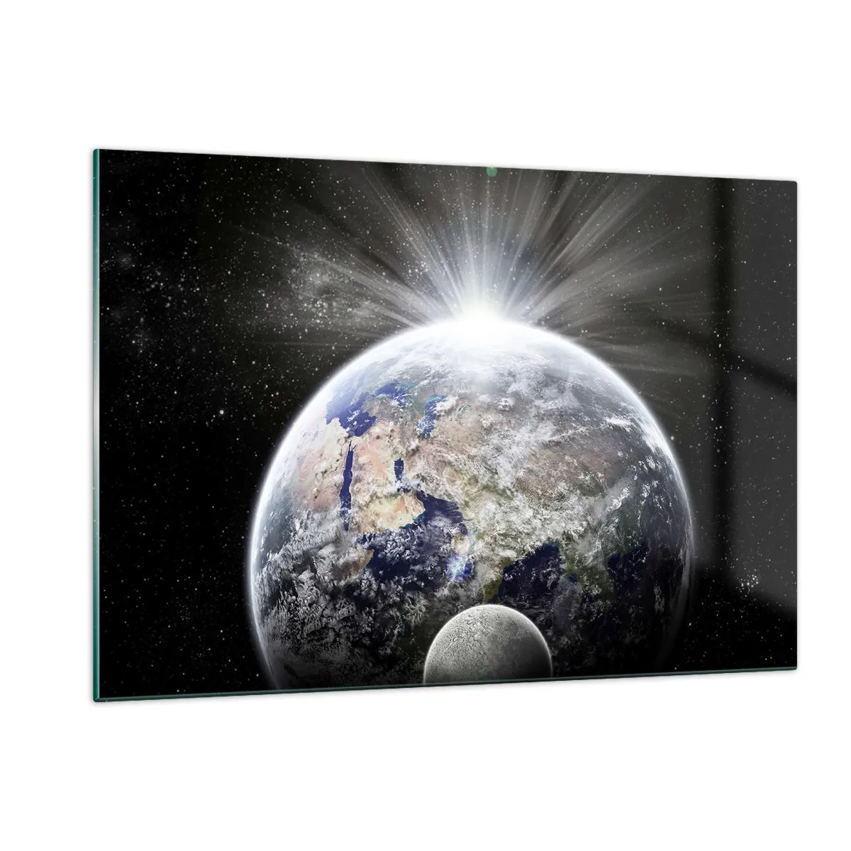 Obraz na szkle - Ziemia i księżyc w kosmicznej scenerii - 120x80cm - W pełnym blasku - Nowoczesna dekoracja ścienna do salonu, kuchni i sypialni ARTTOR
