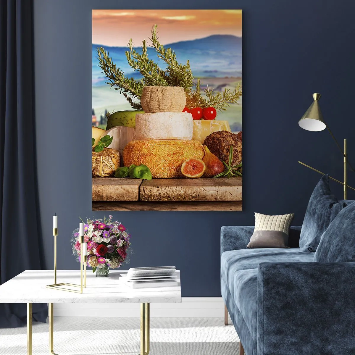 Obraz na szkle - Kompozycja serów i owoców na tle toskańskiego krajobrazu - 50x70cm - Włoska radość życia - Nowoczesna dekoracja ścienna do salonu, kuchni i sypialni ARTTOR