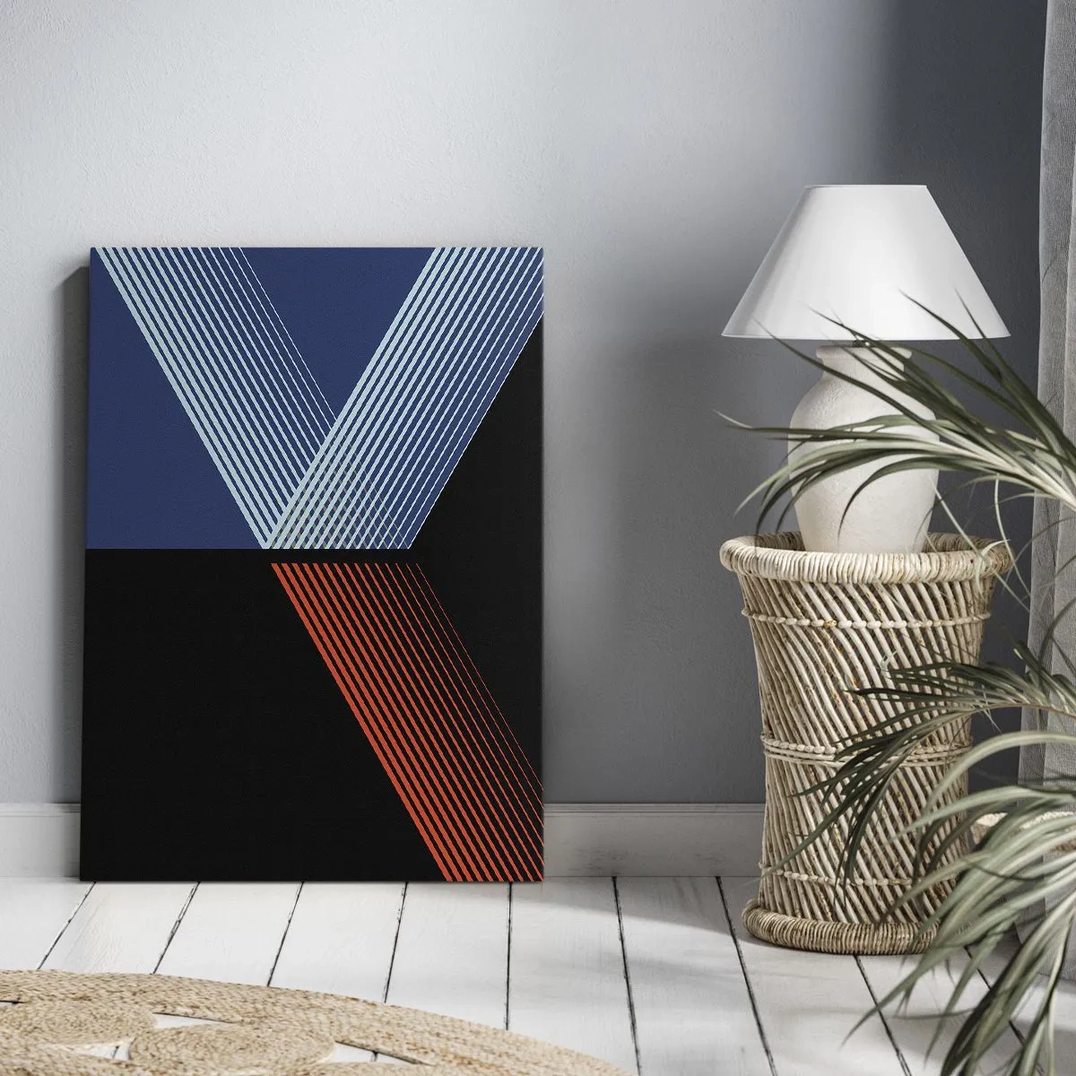 Obraz na płótnie - Abstrakcyjna kompozycja geometryczna z niebieskimi i pomarańczowymi liniami na czarnym tle - 50x70cm - Prosta historia - Nowoczesna dekoracja ścienna do salonu, kuchni i sypialni ARTTOR