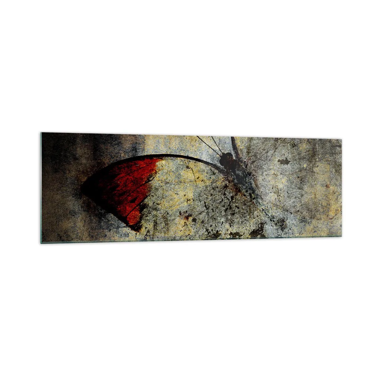 Obraz na szkle - Motyl w odcieniach czerwieni i szarości na teksturowanym tle - 160x50cm - Patrz, zanim zniknę - Nowoczesna dekoracja ścienna do salonu i sypialni ARTTOR