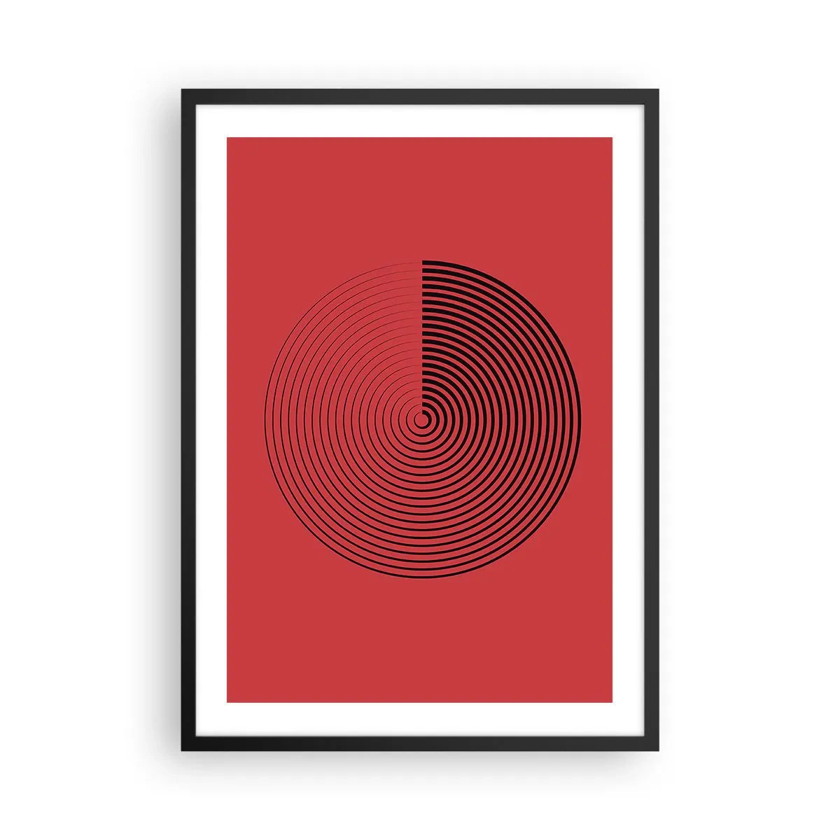 Plakat w czarnej ramie - Geometryczna spirala na czerwonym tle w stylu minimalistycznym - 50x70cm - Ruch kolisty - Nowoczesna dekoracja ścienna do salonu i sypialni ARTTOR