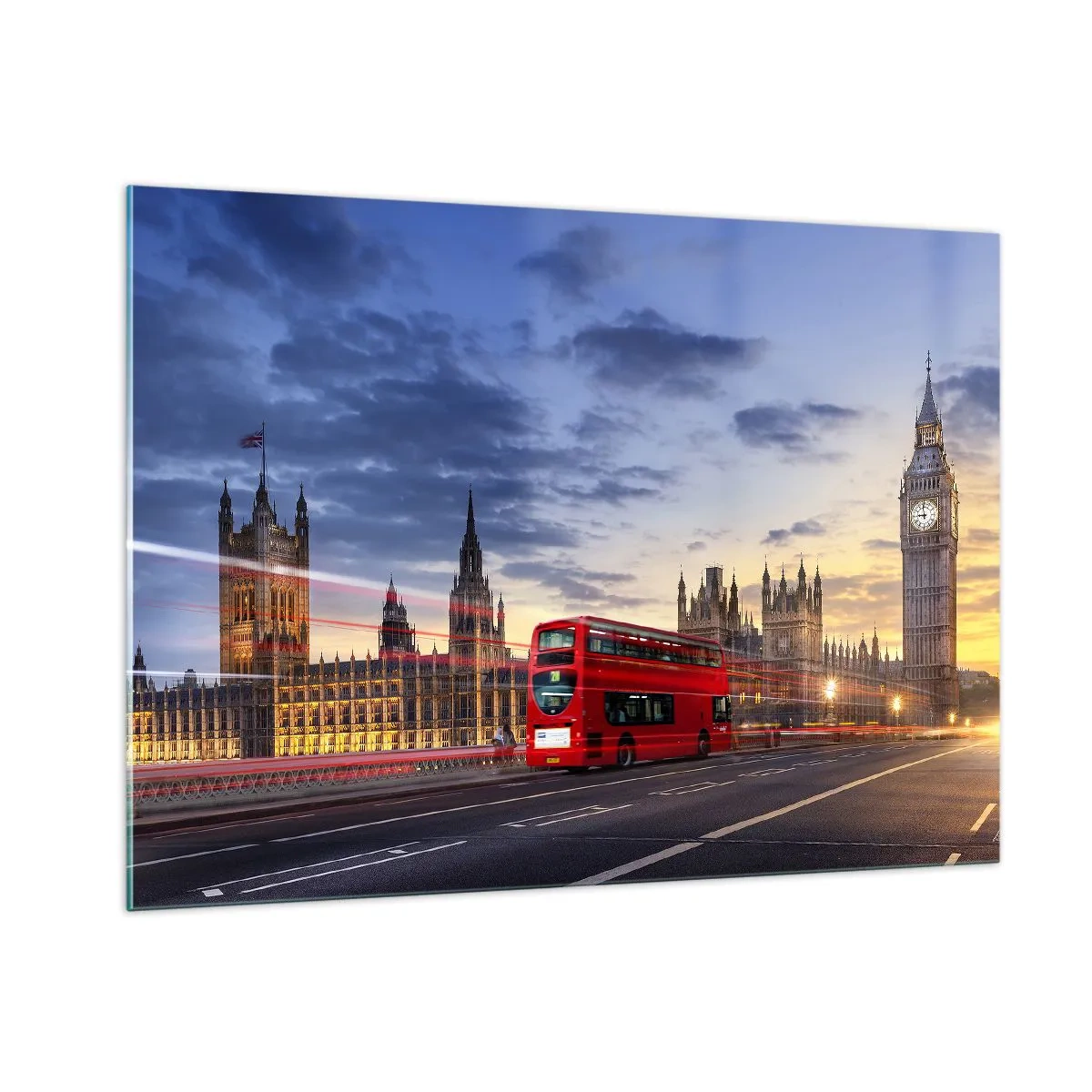 Obraz na szkle - Big Ben i czerwony autobus w Londynie o zachodzie słońca - 100x70cm - Znaki szczególne - Nowoczesna dekoracja ścienna do salonu, kuchni i sypialni ARTTOR
