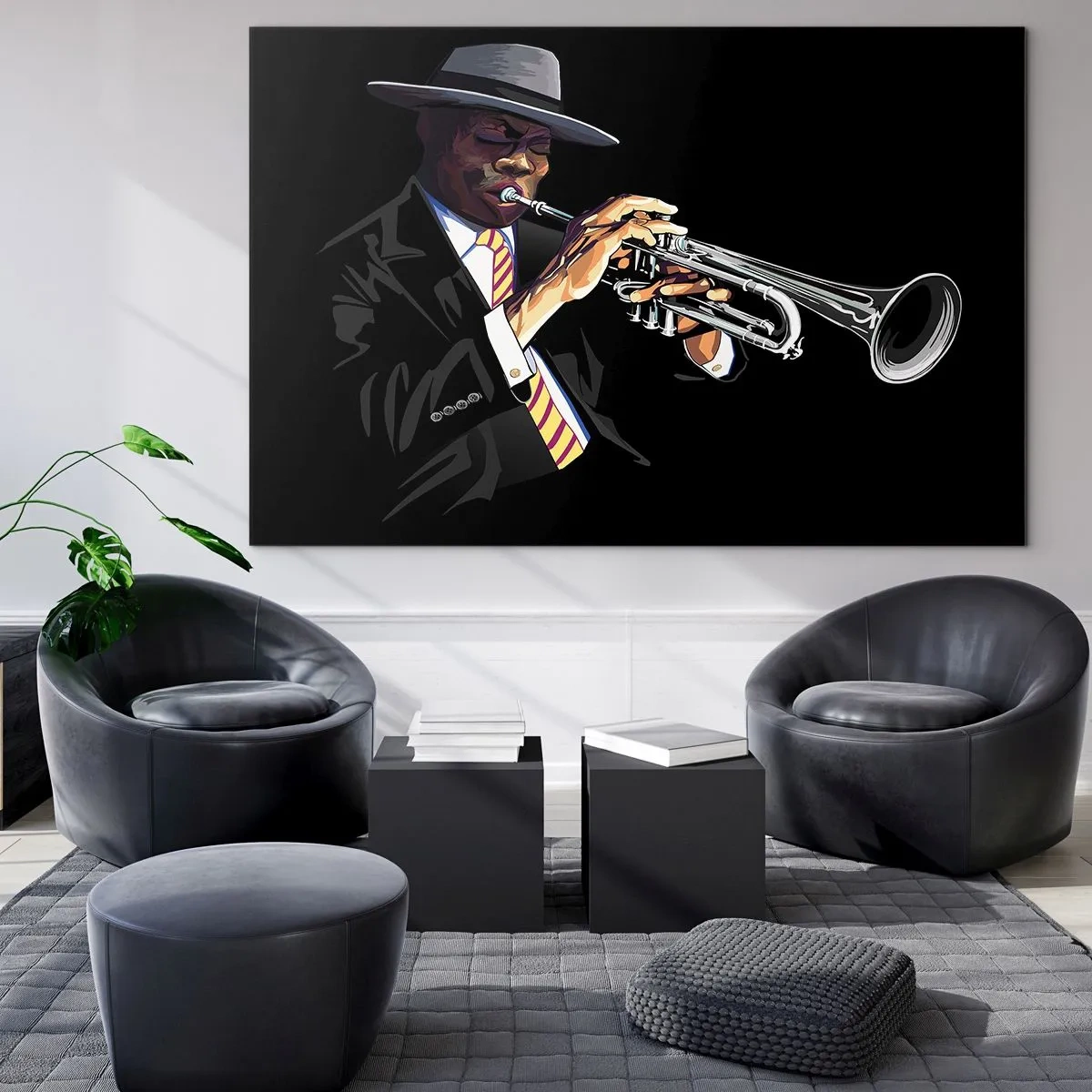 Obraz na szkle - Czarnoskóry muzyk z trąbką w kapeluszu na czarnym tle - 120x80cm - Czar starej szkoły - Nowoczesna dekoracja ścienna do salonu, kuchni i sypialni ARTTOR