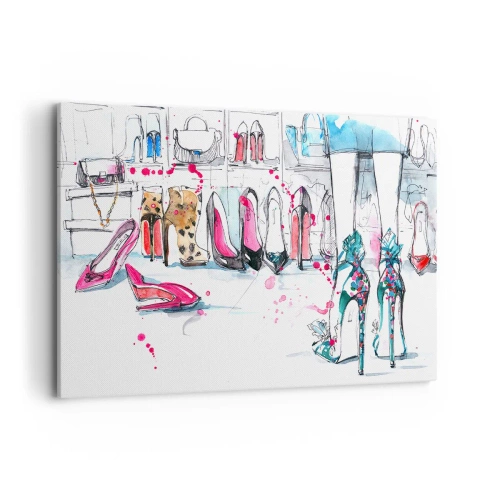 Obraz na płótnie - Artystyczna grafika z butami na wysokim obcasie i akcesoriami - 120x80cm - Sezamie, otwórz się - Nowoczesna dekoracja ścienna do salonu, kuchni i sypialni ARTTOR