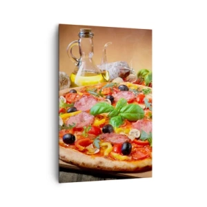 Obraz na płótnie - Apetyczna pizza na drewnianym stole z dodatkami - 80x120cm - Z prawdziwie włoskim smakiem - Nowoczesna dekoracja ścienna do salonu i sypialni ARTTOR