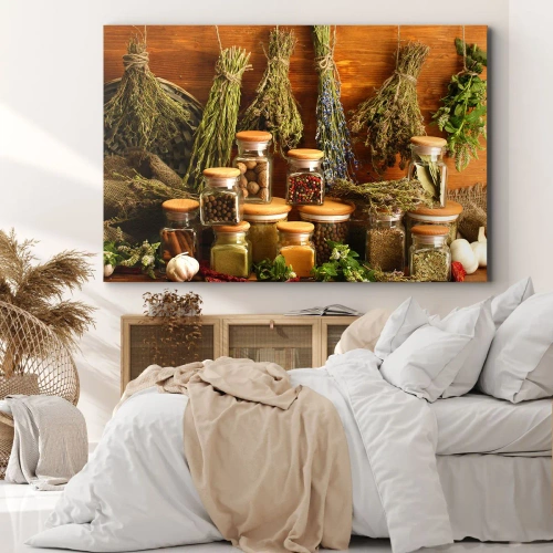 Obraz na płótnie - Kuchenne czary - Zioła i przyprawy w słoikach na rustykalnym tle - 70x50cm