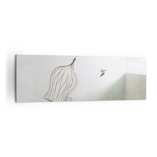 Obraz na płótnie - Ptaszek uwolniony z klatki na tle jasnego nieba - 160x50cm - W swoim żywiole - Nowoczesna dekoracja ścienna do salonu i sypialni ARTTOR