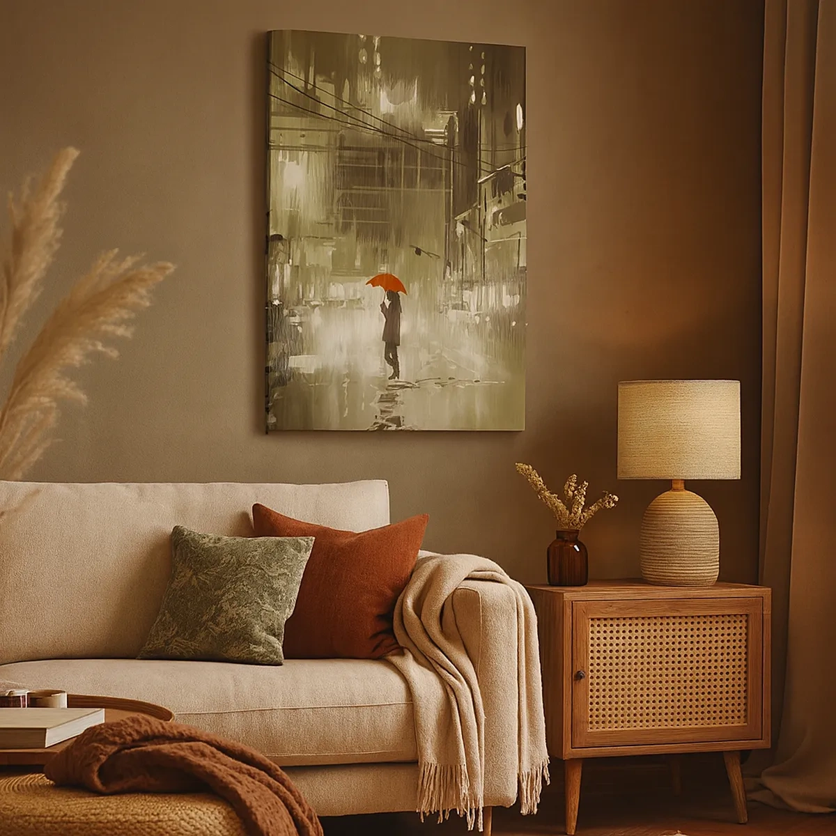 Obraz na płótnie - Postać z pomarańczowym parasolem w deszczowej miejskiej scenerii - 50x70cm - Sama, ale nie samotna - Nowoczesna dekoracja ścienna do salonu, kuchni i sypialni ARTTOR