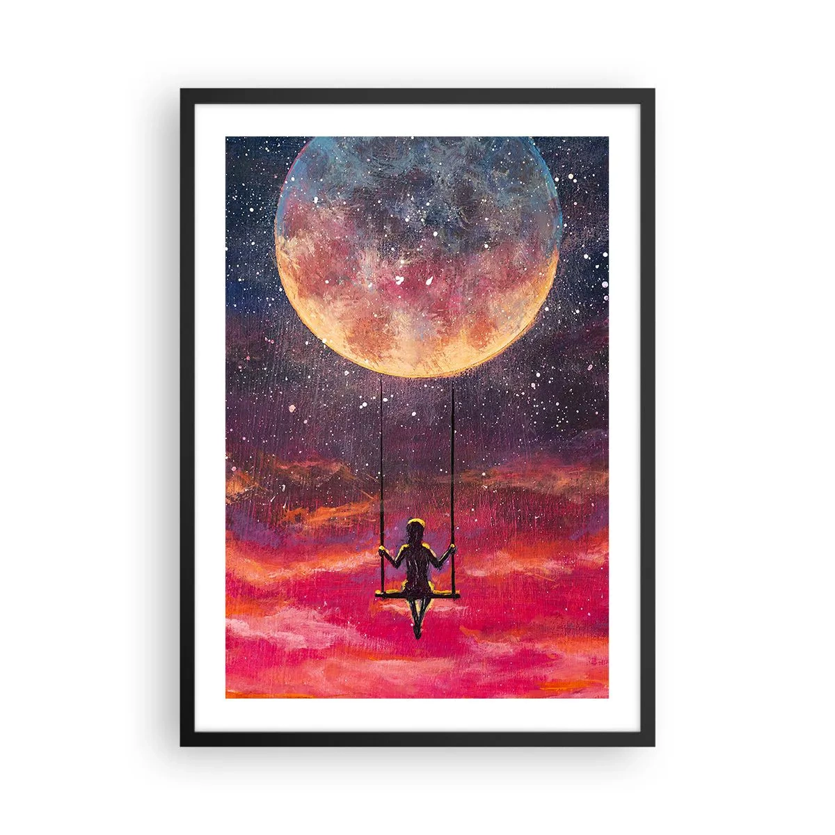 Plakat w czarnej ramie - Dziewczyna na huśtawce pod pełnią księżyca - 50x70cm - Bujać w obłokach - Nowoczesna dekoracja ścienna do salonu i sypialni ARTTOR