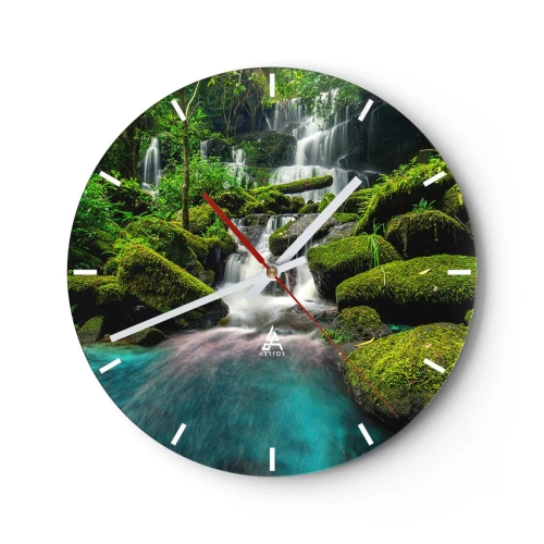 Zegar ścienny - Zielony wodospad z turkusowym jeziorem w otoczeniu mchu - 30x30cm - Turkus, szafiry i płynne srebro - Nowoczesna dekoracja ścienna do salonu, kuchni i sypialni ARTTOR