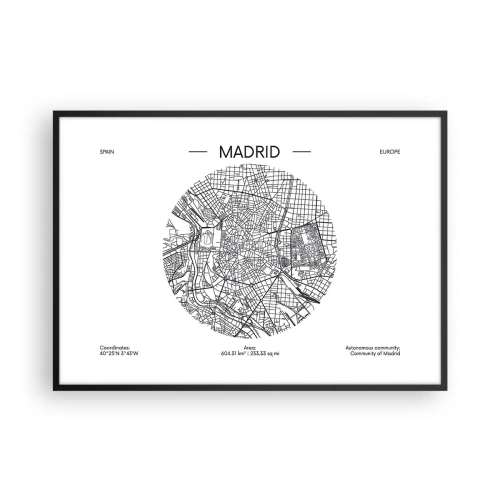 Plakat w czarnej ramie - Mapa Madrytu w minimalistycznym, czarno-białym stylu - 100x70cm - Anatomia Madrytu - Nowoczesna dekoracja ścienna do salonu i sypialni ARTTOR