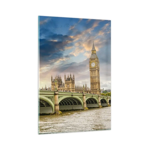 Obraz na szkle - Big Ben i Westminster Bridge na tle nieba o zmierzchu - 80x120cm - Czas stanął w Imperium - Nowoczesna dekoracja ścienna do salonu i sypialni ARTTOR