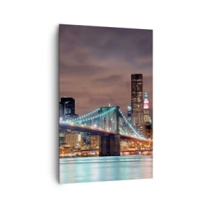Obraz na płótnie - Most podświetlony nocą na tle nowoczesnej panoramy miasta - 80x120cm - Światła wielkiego miasta - Nowoczesna dekoracja ścienna do salonu i sypialni ARTTOR