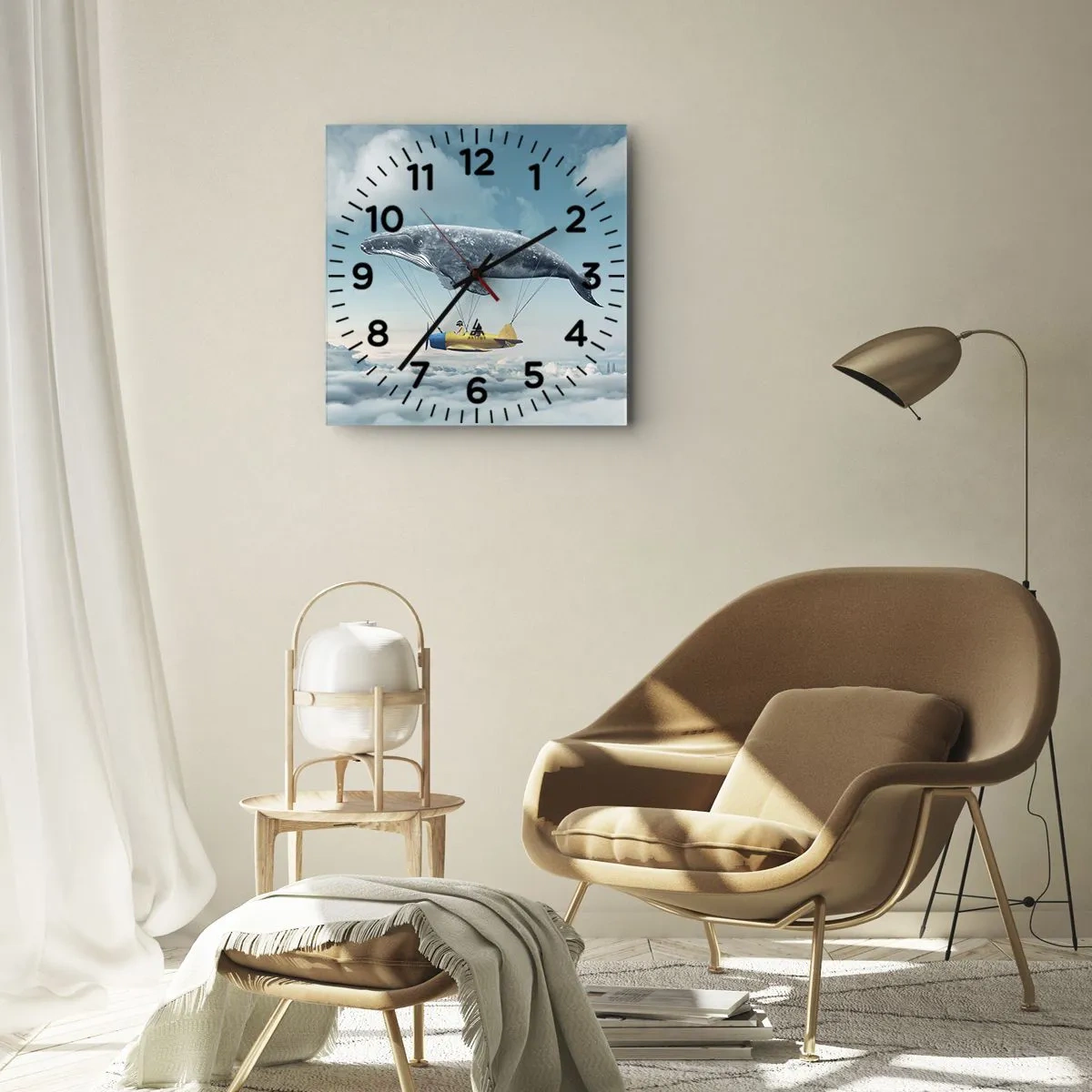 Zegar ścienny - Latający wieloryb unoszący samolot w surrealistycznej scenerii - 30x30cm - Dlaczego nie? - Nowoczesna dekoracja ścienna do salonu i sypialni ARTTOR