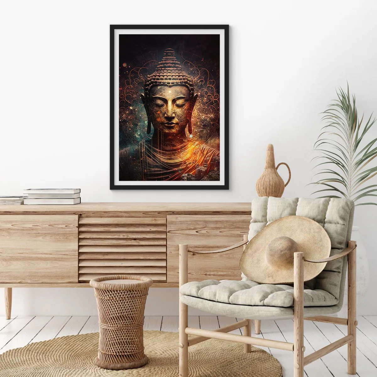Plakat w czarnej ramie - Mistyczny wizerunek Buddy w złotych odcieniach - 50x70cm - Duchowa równowaga - Nowoczesna dekoracja ścienna do salonu i sypialni ARTTOR