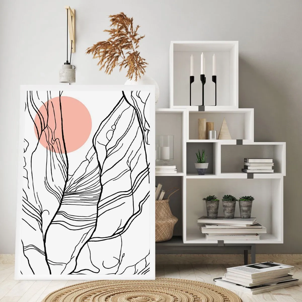 Plakat - Minimalistyczna grafika liniowa z różowym okręgiem w tle - 50x70cm - W sieci gałązek - Nowoczesna dekoracja ścienna do salonu, kuchni i sypialni ARTTOR